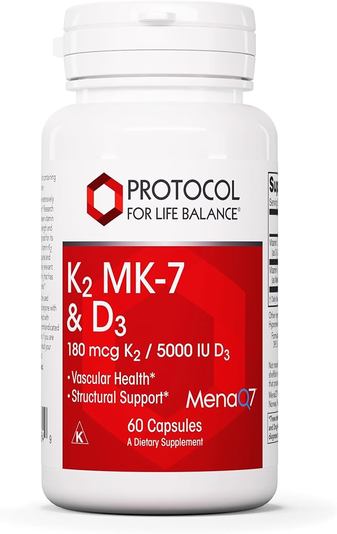 PROTOCOL FOR LIFE BALANCE - K2 MK-7 and D3 - Vascular Health and Structural Support, Bone Strength, Appetite Suppressant, Natural Weight Loss, Supports Calcium Absorption - 60 Veg Capsules