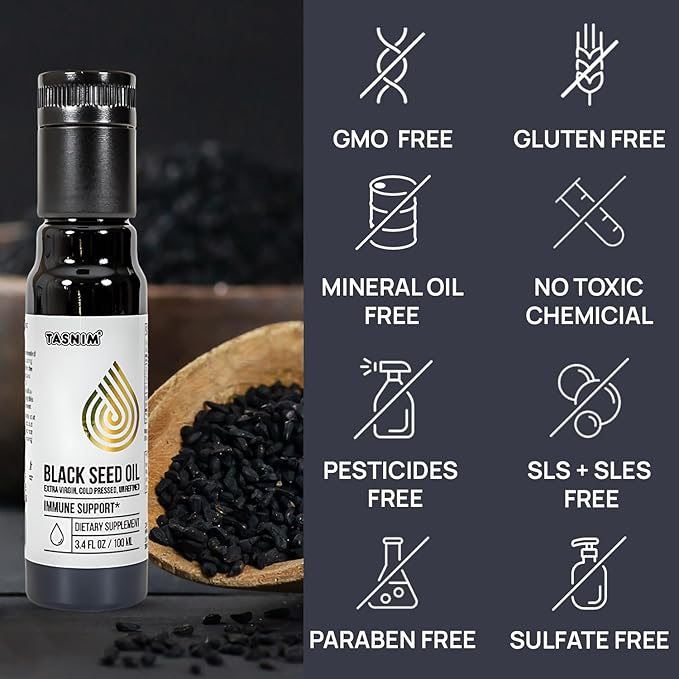 100% Ethiopian BlackSeed Oil 3.4 Fl Oz - Cold Pressed Black Seed Oil for Immune Support, High Potency 5.7% - 21% Thymoquinone Skin, Hair & Overll Health - Unrefined Black Cumin Seed Oil - Gluten Free
