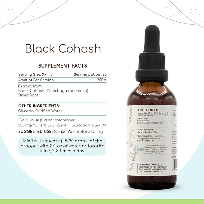 Black Cohosh B60 Alcohol-Free Herbal Extract Tincture, Super-Concentrated Responsibly farmed Black Cohosh (Cimicifuga racemosa) (2 fl oz)