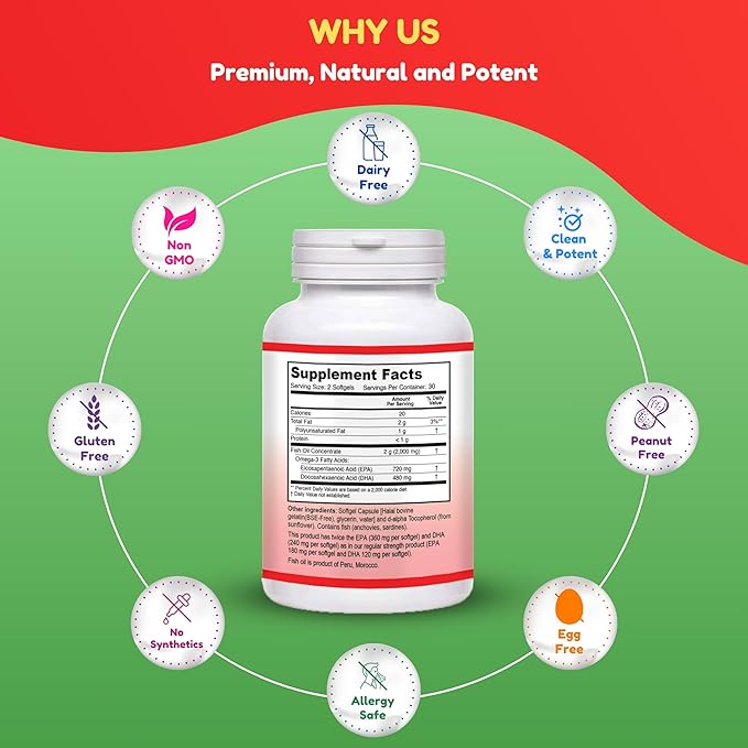 Halal Fish Oil Softgels 60 Ct, Double Strength - Halal Omega 3 Fish Oil Supplements. Wild Caught, Non-GMO & Purified