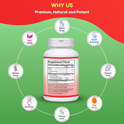 Halal Fish Oil Softgels 60 Ct, Double Strength - Halal Omega 3 Fish Oil Supplements. Wild Caught, Non-GMO & Purified