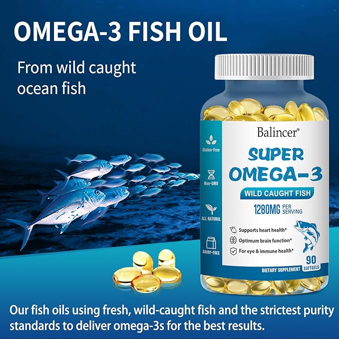 Omega 3 Fish Oil Supplements, 1280 mg Omega-3 Fatty Acids Including EPA and DHA, Wild-Caught Burpless Fish Oil Supplements Supports Heart, Brain and Eye Health, 90 Softgels