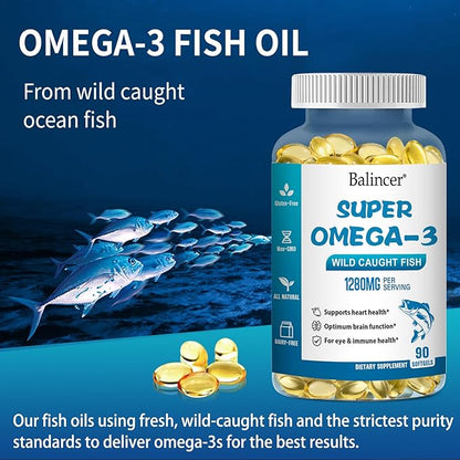 Omega 3 Fish Oil Supplements, 1280 mg Omega-3 Fatty Acids Including EPA and DHA, Wild-Caught Burpless Fish Oil Supplements Supports Heart, Brain and Eye Health, 90 Softgels