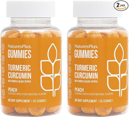 Natures Plus Gummies Turmeric Curcumin, Peach - 60 Gummies, Pack of 2 - Supports Joint, Digestive & Cardiovascular Health - Vegan, Gluten Free, Non-GMO - 60 Total Servings