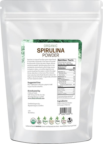 Z Natural Foods Organic Spirulina Powder - 100% Pure Spirulina, Nutrient-Dense Blue-Green Algae Superfood with Amino Acids, 15x Beta-Carotene - Mix in Smoothies, Yogurt, Recipes, 5 lbs
