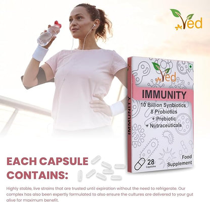 Ved Immunity Complex Probiotics and Prebiotics Complex - 10 Billion CFU - 20 Live Bacterial Cultures - 28 Probiotic Complex- Lactobacillus Plantarum, Casei.