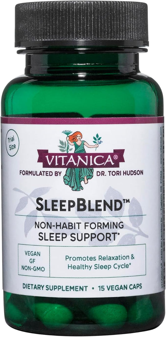 Vitanica SleepBlend - Sleep & Relaxation Support for Women - Herbal Supplements with Melatonin, Valerian Root, Vitamin B2 & B12 & Magnesium - Lady - 15 Vegan Caps