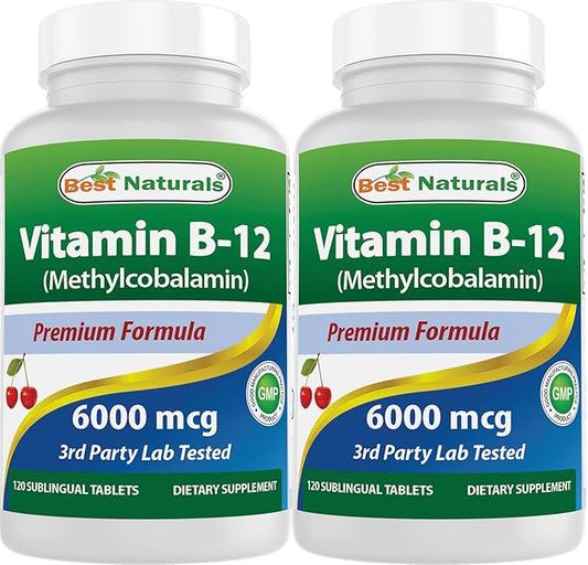 Best Naturals Vitamin B-12 as Methylcobalamin (Methyl B12), 6000 mcg 120 Sublingual Tablets (120 Count (Pack of 2))