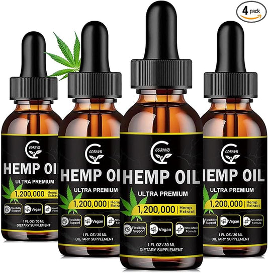 (4-Pack) High Potency Hemp Oil - Maximum Strength, Immune System Support, Focus Calm, Relaxation, Mood, Pure Extract, Organic, Vegan, Non-GMO