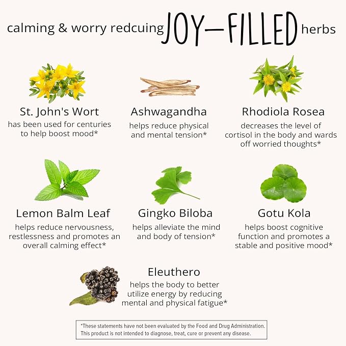 Joy-Filled Mood Support Supplement with St Johns Wort Capsules 120 Ct | Stress Relief Supplement with Rhodiola Rosea, Eleuthero | Helps Calm The Mind & Body | 100% Plant-Based Happy Pills | Herbal