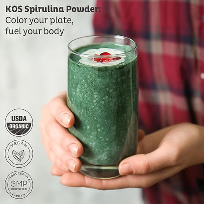 KOS USDA Organic Spirulina Powder, Natural Taste - 100% Pure, Non-Irradiated Vegan Green Blue Spirulina Superfood Powder, Plant Based - Rich in Protein, Vitamins, Antioxidants & Fiber, 60 Servings Bag