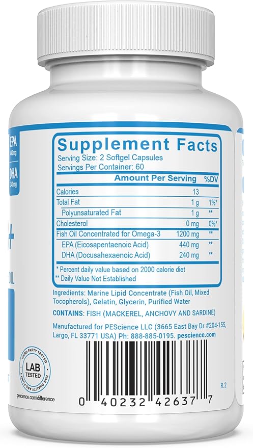 PEScience Omega-3+, 440mg EPA and 240mg DHA Fish Oil Supplement, Easy to Swallow Small Size Softgel, No Taste, 60 Servings
