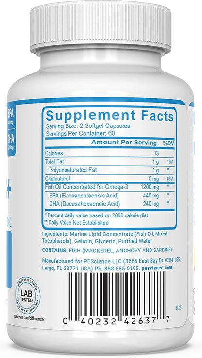 PEScience Omega-3+, 440mg EPA and 240mg DHA Fish Oil Supplement, Easy to Swallow Small Size Softgel, No Taste, 60 Servings