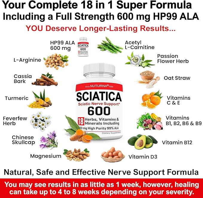 Sciatica Supplement Nerve Relief with 600 mg Alpha Lipoic Acid - Maximum Strength ALA Sciatic Support for Feet, Hands, Fingers, and Legs - Ultra Potent 18-in-1 Natural Nerve Vitamins - 120 Capsules