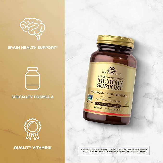 Solgar Memory Support Brain Dietary Supplement for Memory and Focus, Clinically Studied Nutricog, Vitamin D & Huperzine-A, Nootropic Brain Health Supplement, Healthy Aging Support, 30 Servings