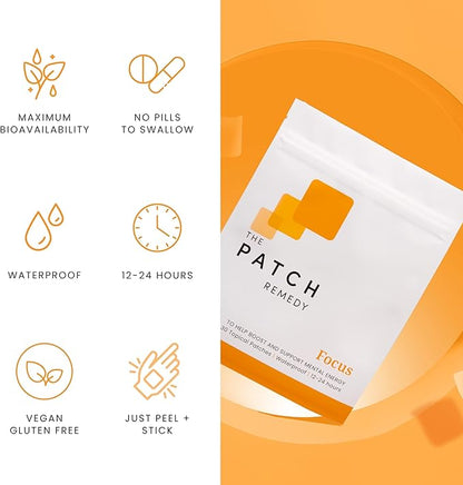 Focus Patches - Topical Focusing Patch Plus Ginkgo Biloba, Acetyl-l-Carnitine, Bacopa Monnieri, Magnesium L-Threonate, & Camellia Sinensis, 30 Transdermal Patches for Adults & Kids