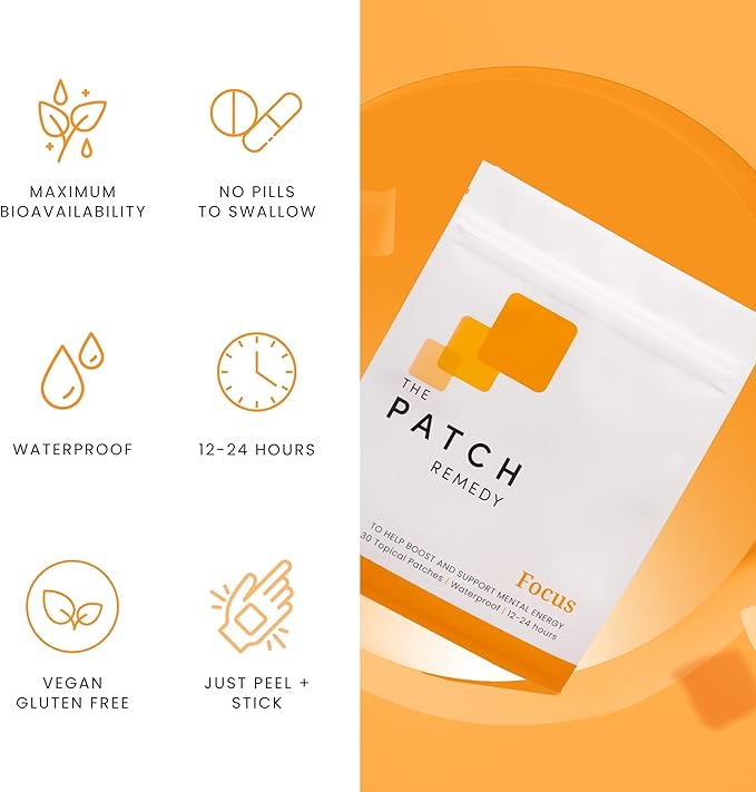 Focus Patches - Topical Focusing Patch Plus Ginkgo Biloba, Acetyl-l-Carnitine, Bacopa Monnieri, Magnesium L-Threonate, & Camellia Sinensis, 30 Transdermal Patches for Adults & Kids