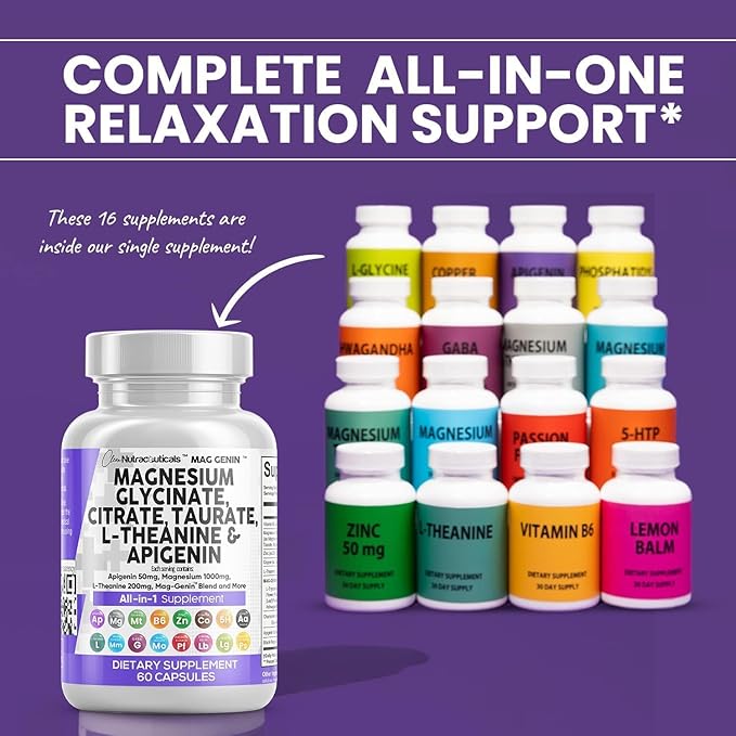 Magnesium Glycinate Complex 1000mg with L-Theanine 200mg Apigenin 50mg Citrate Taurate Supplement - 5-HTP GABA Passion Flower Lemon Balm L-Glycine Phosphatidylserine Ashwagandha - 2Pack