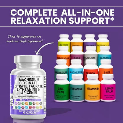 Magnesium Glycinate Complex 1000mg with L-Theanine 200mg Apigenin 50mg Citrate Taurate Supplement - 5-HTP GABA Passion Flower Lemon Balm L-Glycine Phosphatidylserine Ashwagandha - 2Pack