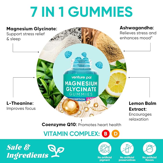 Venture Pal 60 Day Supply Magnesium Glycinate Gummies with Ashwagandha for Adults and Kids, L-Theanine, CoQ10, Sugar Free Magnesium Supplement 400mg for Calm Mood & Sleep, Gluten-Free & Vegan