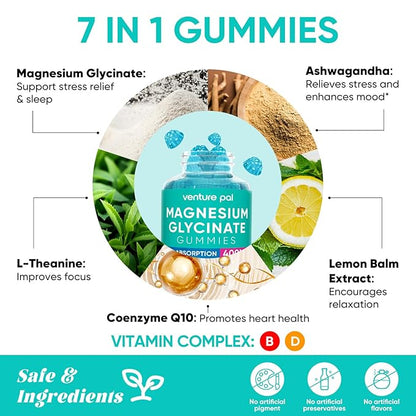 Venture Pal 60 Day Supply Magnesium Glycinate Gummies with Ashwagandha for Adults and Kids, L-Theanine, CoQ10, Sugar Free Magnesium Supplement 400mg for Calm Mood & Sleep, Gluten-Free & Vegan
