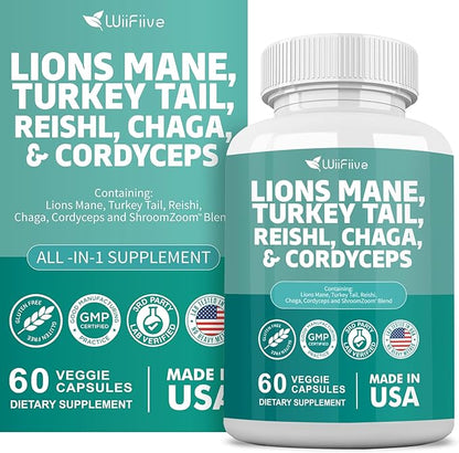 Lions Mane 3000mg Turkey Tail 3000mg Reishl 1000mg Chaga 1000mg Cordyceps Powder Extract Containing Maitaake Shiitake Black Fungus,Brain Supplement, Mineral Supplements, 60 Capsules