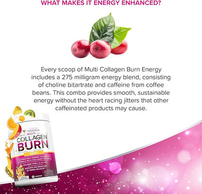 Multi Collagen Burn: MultiType Hydrolyzed Protein Peptides with Hyaluronic Acid, Vitamin C, SOD B Dimpless, Types I, II, III, V and X, with Caffeine 30 Servings Tropical Punch Flavored