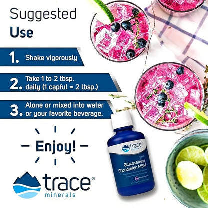 Trace Minerals | Liquid Glucosamine Chondroitin MSM | Complete Dietary Supplement for Active Lifestyle | Supports Joints, Cartilage and Mobility | Natural Blueberry Flavor | 16 Servings, 16 fl oz