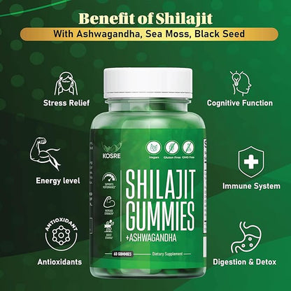 Premium Shilajit Gummies 2000MG – Pure Himalayan Shilajit with Ashwagandha, Chaga Mushroom, Vitamin D & B12 Natural Energy, Immune Support, 85+ Trace Minerals – Vegan, Non-GMO, 60 Gummies
