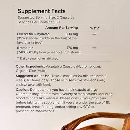 Quercetin with Bromelain - Bioactive Fava d'anta Derived Quercetin with 2400 GDU/g Bromelain 120 Capsules