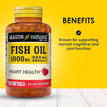 Mason Natural, Omega 3 Fish Oil 1000mg Softgels, Bonus Size 200-Count Bottle, Dietary Supplement Supports Heart, Eye, Brain and Joint Health with Omega 3 Fatty Acid Healthy Fats