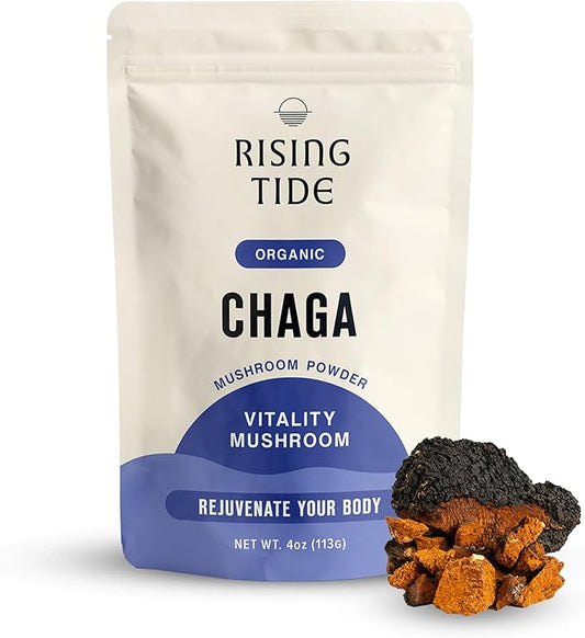 Rising Tide Organic Chaga Mushroom Powder - Real & Wild-Harvested, Highly Concentrated Extract for Immune Support - 4 OZ Vegan, Non-GMO Chaga Tea Alternative