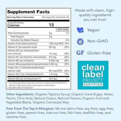 FIRST DAY Kids Essential Multivitamin Gummies, Vitamin A, D3, B6, B12, C, K2 & More + Organic Fruits & Veggies for Growth, Brain, Immunity. Natural Strawberry & Orange Flavor, Low Sugar. 90-Day Supply