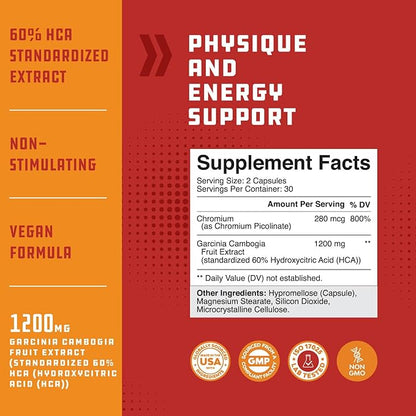 60% HCA Pure Garcinia Cambogia Extract - Blocks Carb Absorption - Suppresses Appetite - Burns Fat - Natural Weight Loss Supplement for Men & Women 60 Capsules - 30 Servings