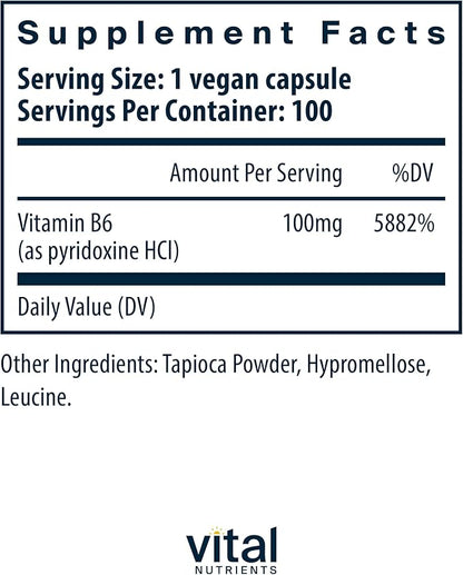 Vital Nutrients Vitamin B6 | Vegan Methylated B6 Vitamins for Nervous System, Muscle, Bone Health* | High-Potency Vitamin B6 for Menstrual Discomfort * | Gluten, Dairy, Soy Free | 100 Capsules