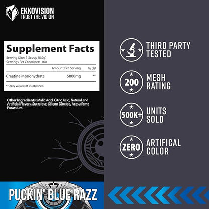 Creatine Monohydrate Powder, Micronized, Puckin' Blue Razz, Pre Workout & Post Workout Supplement for Men & Women, Energy Support, Easy to Mix in Shakes, Smoothies & Beverages, 100 Servings
