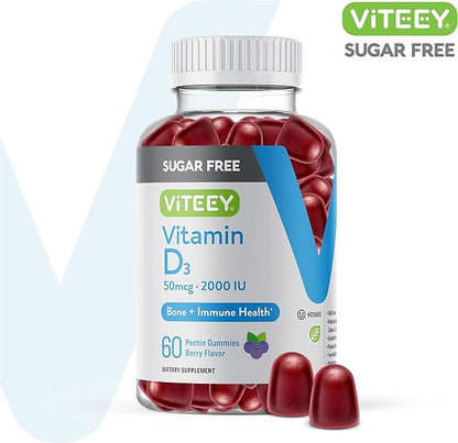 Vitamin D3 Gummies for Adults & Teens - 2,000 IU, 50mcg - Sugar Free, Bone, Joint & Muscle Health, Immune Boost - Vegetarian, Gelatin Free, GMO Free - Tasty Chewable Berry Flavored Gummy