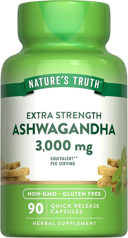 Nature's Truth Ashwagandha Capsules | 3000mg | 90 Count | Extra Strength | with Black Pepper | Non-GMO & Gluten Free Supplement