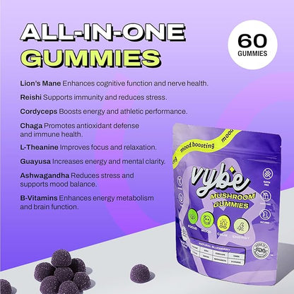 Vybe Mushroom Gummies for Focus and Energy - All-In-One Daily Mushroom Supplement - 8-in-1 Adaptogen Supplement Blend with Lion’s Mane, Cordyceps, Reishi, Chaga, Ashwagandha (Blueberry, 60-Count)