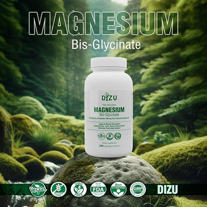 Dizu - Magnesium Bisglycinate 200 mg, Pure Elemental Chelated Complex, Supports Sleep, Muscle, Bone, Heart & Energy Metabolism, with Glycine & Oxide, Vegetable Capsules