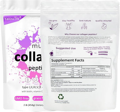 Multi Collagen Peptides Powder 16oz (1 Pack) - Hydrolyzed Collagen Types I, II, III, V, X for Skin, Hair, Nails & Joint Support - Unflavored, Gluten-Free, Easy to Mix - Non-GMO, Paleo Friendly