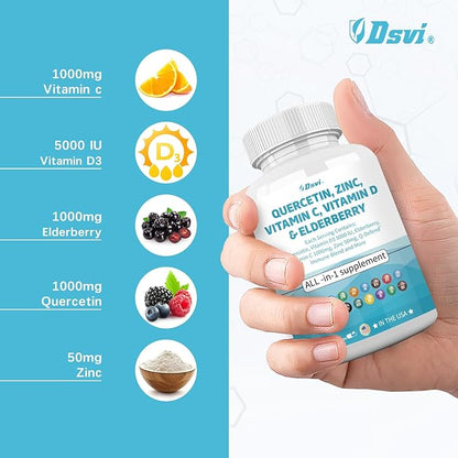 Quercetin 1000mg Zinc 50mg Vitamin C 1000mg Vitamin D 5000IU Immune System Support Supplement with Echinacea Ginger Bromelain Sea Moss Garlic Nettle Vegan Capsules for Men and Women,60 Count USA