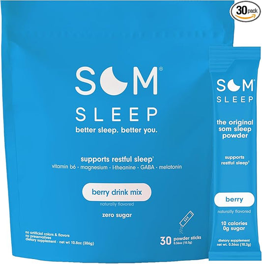 Som Sleep, Calm Sleep Powder Drink Mix, 3mg Melatonin, Magnesium, Vitamin B6, L-Theanine & GABA – Vegan, Keto Friendly – Zero Sugar Berry, 30-Pack