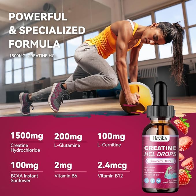 Creatine HCL Liquid Drops for Men & Women, Creatine Hydrochloride with L-Carnitine, L-Glutamine, BCAA, Vitamin B12 & B6 for Muscle Growth, Promote Energy & Recovery-Vegan, Strawberry Flavor, 2 Fl Oz