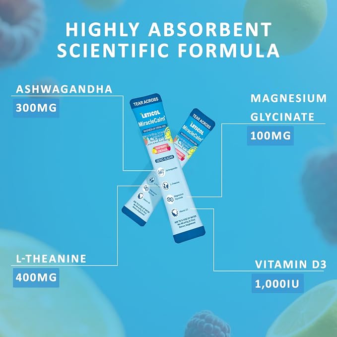MiracleCalm Drink Mix Powder, Calm Magnesium Calcium Supplement, Cortisol Drink Powdered for Sleep, Relaxed & Focus with Easily Absorbed L-Theanine, Vitamin D3, Ashwagandha, Sugar Free