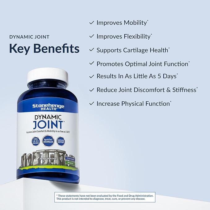 Stonehenge Health Dynamic Joint Supplement - Comfort, Mobility, Flexibility with AprèsFlex Boswellia, MSM, Collagen, Bromelain, Turmeric, Vitamin C, D3 (60 Capsules)