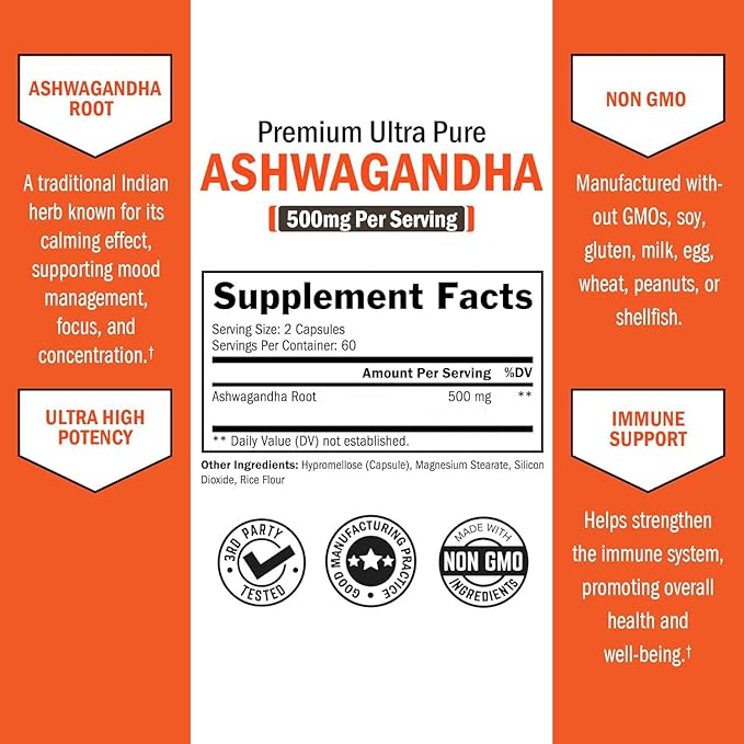 BioSchwartz Ashwagandha Supplements - Extra Strength Ashwagandha Capsules 500mg Per Serving - Gluten Free, Non-GMO, Made in The USA with Globally Sourced Ingredients, 60 Servings (120 Count)