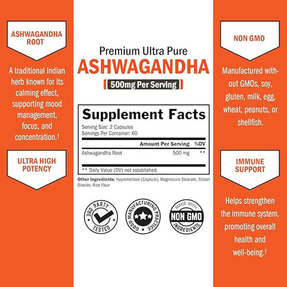 BioSchwartz Ashwagandha Supplements - Extra Strength Ashwagandha Capsules 500mg Per Serving - Gluten Free, Non-GMO, Made in The USA with Globally Sourced Ingredients, 60 Servings (120 Count)