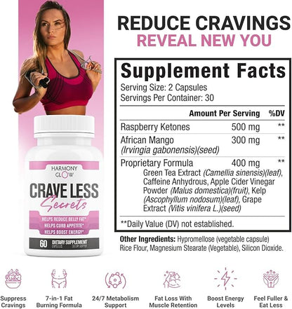Crave Less: Secrets | NEW FORMULA Max Strength Appetite Suppressant Weight Loss Pills for Women | Belly Fat Burner, Carb Blocker, Energy Booster | 7 Ultra Ingredients for Fast Results - 60 Capsules