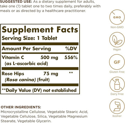 Solgar Vitamin C 500 mg with Rose Hips - 100 Tablets - Antioxidant & Immune Support - Non-GMO, Vegan, Gluten Free, Dairy Free, Kosher - 100 Servings